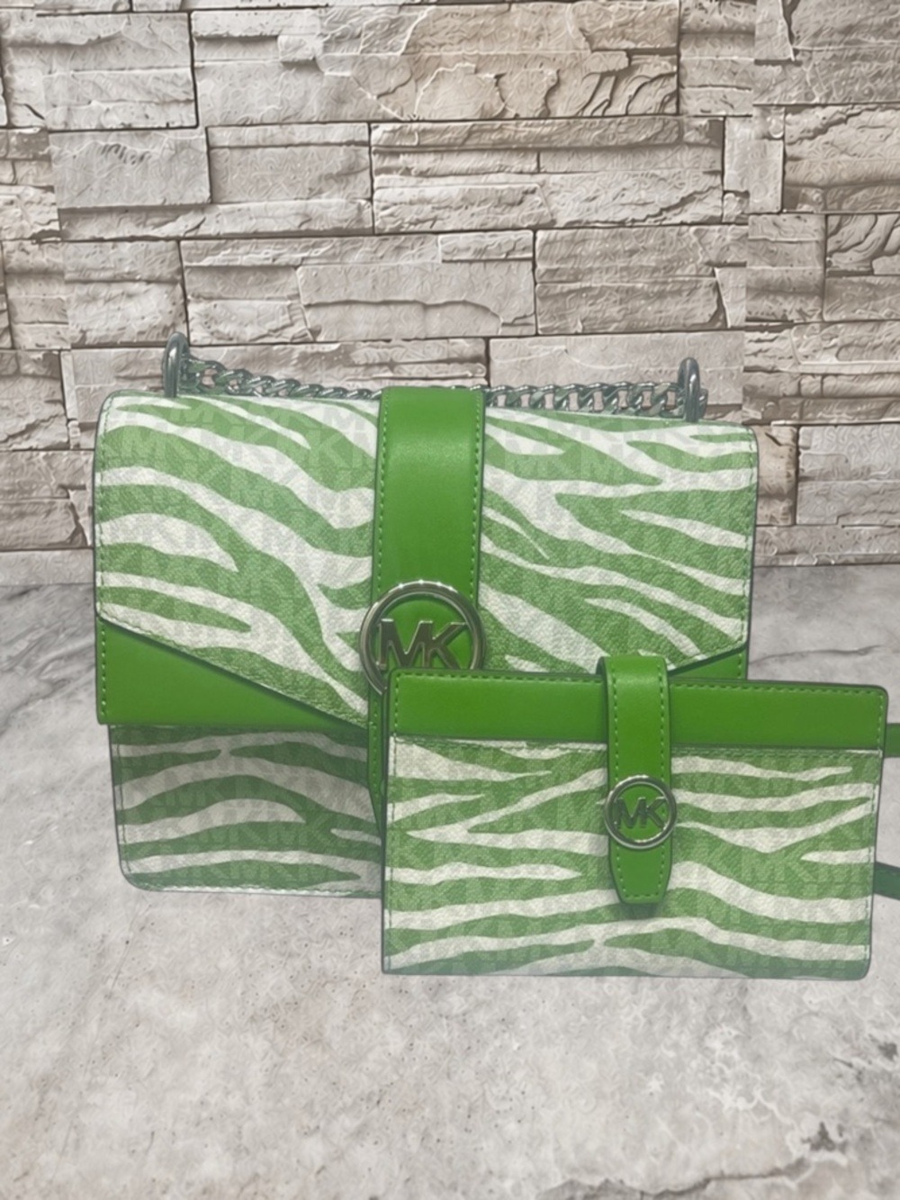 Michael Kors Greenwich Jungle Green Zebra Print Crossbody & Matching Wallet